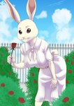 anthro belt breasts brown_eyes clothing cloud female flower fur garden gate plant rose_(flower) school_uniform solo tan_body tan_fur uniform akiric beastars haru_(beastars) domestic_rabbit dwarf_rabbit lagomorph leporid mammal oryctolagus rabbit 2020 hi_res