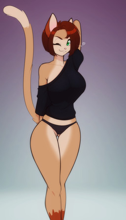 anthro big_breasts black_clothing black_panties black_underwear breasts brown_hair butt butt_from_the_front clothed clothing collarbone dipstick_tail eyebrows eyelashes female fur green_eyes hair hand_behind_head heart_symbol huge_breasts leg_markings markings off_shoulder one_eye_closed panties shirt socks_(marking) solo tail tail_markings tan_body tan_fur thigh_gap topwear underwear wink scorpdk domestic_cat felid feline felis mammal 2025 hi_res