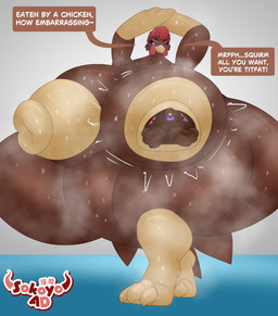 3_toes 4_fingers anthro bedroom_eyes belly big_breasts big_butt blue_eyes bodily_fluids breast_vore breasts brown_body butt duo feet female female/female female_pred fingers forced huge_breasts huge_butt hyper hyper_butt looking_at_another looking_down musk musky_armpit musky_breasts musky_butt musky_feet narrowed_eyes nipple_fetish nipple_play nipple_vore nipples nude open_mouth raised_arm seductive smug smug_face speech_bubble standing sweat sweatdrop sweaty_breasts sweaty_butt sweaty_legs sweaty_thighs tail text toes unusual_vore unwilling_prey vore sokoyo_owo reign_(reignbowmaus) avian bird chicken galliform lagomorph leporid mammal phasianid rabbit hi_res