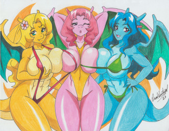 abs accessory alternate_species anthro big_breasts bikini breasts clothing curvy_figure female flower flower_in_hair furrification group hair hair_accessory hands_behind_head hourglass_figure markings mole_(marking) non-mammal_breasts one-piece_swimsuit one_eye_closed plant pose sling_bikini swimwear trio two-piece_swimsuit wink ravernclouk nintendo pokemon daisy_(pokemon) lily_(pokemon) violet_(pokemon) charizard generation_1_pokemon pokemon_(species) absurd_res hi_res pinup sibling_(lore) sister_(lore) sisters_(lore)