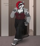 anthro biped black_body black_fur claws dialogue female female_anthro finger_claws fur grey_body grey_fur hair multicolored_body multicolored_fur red_eyes red_hair solo standing text toe_claws white_body white_fur pig_(artist) nintendo pokemon generation_8_pokemon obstagoon pokemon_(species) 2024 digital_media_(artwork) english_text hi_res