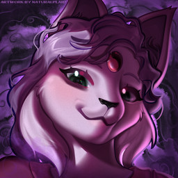 anthro black_nose blush clothed clothing curly_hair ear_tuft female fur gem green_eyes hair inner_ear_fluff looking_at_viewer magic pink_body pink_clothing pink_fur pink_shirt pink_topwear psychic purple_hair shirt simple_background smile smiling_at_viewer smoke solo textured textured_background topwear tuft natural_plaid nintendo pokemon eeveelution espeon felid feline felis generation_2_pokemon mammal pokemon_(species) 1:1 2026 bust_portrait colored digital_drawing_(artwork) digital_media_(artwork) headshot_portrait icon portrait shaded