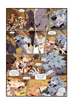 8_panel_comic animal_genitalia anthro arm_grab blood_on_arm blue_sclera border brown_body brown_fur dialogue facial_scar fangs fur furniture genitals grey_body grey_fur grey_hair group hair inside male name_in_dialogue nude on_table pushing_away scar sheath sitting sitting_on_table table tail tan_body tan_fur teeth text white_body white_border worried wounded yellow_sclera patto mythology altair_(patto) luca_(patto) nio_(patto) canid canine canis mammal mythological_canine mythological_creature werecanid werecanine werecreature werewolf wolf comic english_text hi_res multiple_scenes