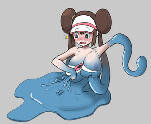 4_fingers blue_breasts blue_eyes blue_nipples blush breasts brown_hair clothing female fingers genitals hair hair_bun hat headgear headwear legless melting nipples not_furry nude simple_background slime solo surprised tongue tongue_out torn_clothing transformation vulva thetransformtentacle nintendo pokemon rosa_(pokemon) goo_creature goo_humanoid humanoid 2015 absurd_res digital_media_(artwork) hi_res