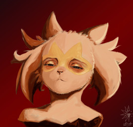 eyelashes fur hair multicolored_body multicolored_fur narrowed_eyes red_background simple_background solo two_tone_body two_tone_fur white_body white_ears white_fur white_hair yellow_body yellow_fur halfbaked-hope nintendo pokemon generation_9_pokemon meowscarada pokemon_(species) 2025 absurd_res bust_portrait hi_res orange_theme portrait signature