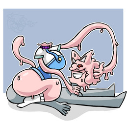 accessory anthro clothing detachable detachable_head duo faceless_character faceless_male facesitting fellatio female footwear fur grey_body grey_skin hair_accessory heart_symbol male male/female oral overalls penile pink_body pink_fur sex sitting sitting_on_another socks stretching stretchy stretchy_limbs white_clothing white_footwear white_socks spicyredacted sarah_kattina_(spicysierra) domestic_cat felid feline felis goo_creature humanoid mammal