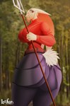 anthro big_breasts big_butt breasts butt clothing female floppy_ears forest holding_object holding_weapon looking_back lop_ears melee_weapon plant polearm scut_tail short_tail solo tail thick_thighs tight_clothing tree trident weapon hiverdose last_fables eni_siverets_(last_fables) hare lagomorph leporid mammal absurd_res hi_res