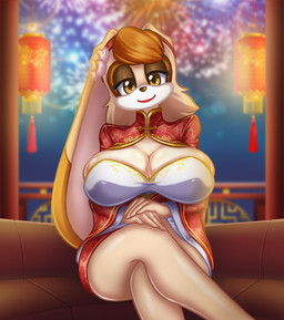 accessory anthro asian_clothing big_breasts black_nose breasts chinese_clothing chinese_dress cleavage clothed clothing crossed_legs dress east_asian_clothing eyelashes female fireworks floppy_ears flower flower_in_hair furniture green_eyes hair hair_accessory half-closed_eyes holidays huge_breasts lamp lantern long_ears looking_at_viewer mature_female narrowed_eyes orange_hair paper_lantern plant short_hair sitting smile sofa solo fenrox chinese_new_year new_year sega sonic_the_hedgehog_(series) vanilla_the_rabbit lagomorph leporid mammal rabbit 2023 hi_res