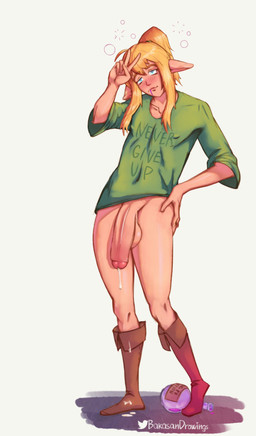 balls big_balls big_penis blonde_hair blue_eyes blush bodily_fluids bottle bottomless clothed clothing container cum cum_drip dripping drunk femboy flaccid foreskin genital_fluids genitals hair huge_penis humanoid_face humanoid_genitalia humanoid_penis humanoid_pointy_ears legwear long_penis male not_furry partially_retracted_foreskin penis pointy_ears potion precum simple_background solo substance_intoxication thick_penis thigh_highs vein veiny_penis bakasan breath_of_the_wild nintendo the_legend_of_zelda link humanoid hylian mammal 2022 absurd_res hi_res