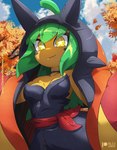 anthro autumn autumn_leaves bare_shoulders black_clothing black_dress breasts clothed clothed_anthro clothed_female clothing collarbone cute_fangs dress female green_hair hair outside plant solo tree waistband yellow_body yellow_eyes rilex_lenov nintendo pokemon generation_9_pokemon legendary_pokemon ogerpon pokemon_(species) hi_res