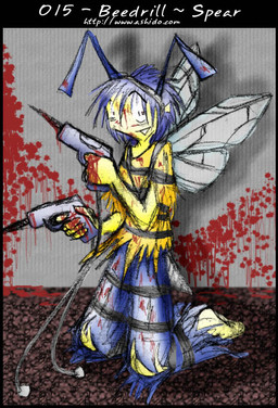 antennae_(anatomy) anthro blood blood_splatter bodily_fluids clothed clothing creepy_smile drill hair insane insect_wings inside killing kneeling male pokemorph power_drill purple_hair shadow smile solo stinger stripes torn_clothing wings yellow_body yellow_skin zarla nintendo pokemon arthropod beedrill generation_1_pokemon hymenopteran insect pokemon_(species) wasp