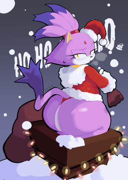anthro big_butt blush butt chimney christmas_clothing christmas_decorations christmas_lights clothing coat duffel_bag female forehead_gem fur gem hair holidays huge_butt looking_back moon night orange_eyes ponytail snow snowing solo tail thong topwear underwear white_body white_fur theonehornedimp christmas sega sonic_the_hedgehog_(series) blaze_the_cat domestic_cat felid feline felis mammal 2025 hi_res