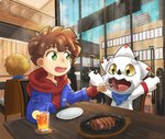 anthro beef chibi duo feeding food horn hot_plate male meat steak white_body yellow_eyes doodlersand bandai_namco digimon digimon_ghost_game hiro_amanokawa ceratopsian digimon_(species) dinosaur gammamon human mammal ornithischian prehistoric_species reptile scalie triceratops hi_res