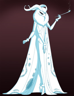 antennae_(anatomy) anthro biped clothed clothing dress eyelashes female footwear fully_clothed fur high_heels multi_arm multi_limb neck_tuft pipe pumps shoes smoke smoking smoking_pipe solo tuft wide_hips wings crovirus muira_aldonesis arthropod insect lepidopteran moth hi_res