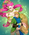 big_breasts blonde_hair blue_eyes breasts clothing colored_nails duo eyeshadow female hair hand_holding humanoid_pointy_ears larger_female larger_humanoid lipstick long_hair makeup male nails not_furry pink_hair pointy_ears ponytail size_difference smaller_humanoid smaller_male translucent translucent_clothing kukumomo hyrule_warriors nintendo the_legend_of_zelda great_fairy link fairy humanoid hylian 2021 signature