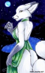 anthro arctic_fox backless_dress breasts canid canine classy clothing detailed_background dress evening_gown female fox jennifer_l_anderson mammal moon multi_tail night outside plant sky solo star starry_sky tail tree true_fox wood yellow_eyes