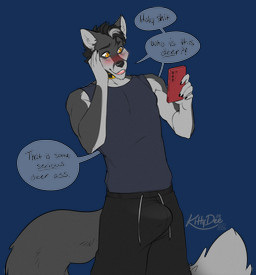 anthro biped blush bottomwear bulge cellphone claws clothed clothed_anthro clothed_male clothing electronics erection erection_under_clothing fingers front_view fully_clothed fully_clothed_anthro fully_clothed_male fur hair looking_at_object looking_at_phone looking_at_porn male phone pornography smartphone smile solo standing tail teeth text tongue topwear kittydee canid canine mammal 2026 alpha_channel digital_drawing_(artwork) digital_media_(artwork) english_text hi_res