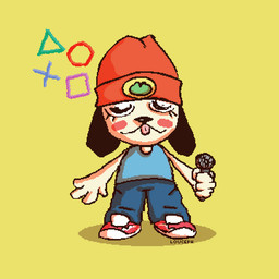 4_fingers anthro beanie biped black_ears black_eyes black_nose blep blue_bottomwear blue_clothing blue_pants blue_shirt blue_tank_top blue_topwear blush blush_stickers bottomwear button_prompt circle clothing electronics fingers footwear fur hat headgear headwear holding_microphone holding_object male microphone orange_beanie orange_clothing orange_hat orange_headwear oversized_bottomwear oversized_clothing oversized_pants pants pink_tongue playstation_button_symbol red_clothing red_footwear red_shoes red_sneakers shirt shoes sneakers solo square standing tan_body tan_fur tank_top text tongue tongue_out topwear triangle_(shape) louceph parappa_the_rapper playstation sony_corporation sony_interactive_entertainment parappa canid canine canis domestic_dog mammal 1:1 aliasing artist_name digital_media_(artwork) full-length_portrait portrait