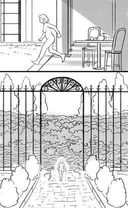 breasts butt casual_nudity chair detailed_background female fence furniture grass hair human_only not_furry nude plant solo table text walking starfleetrambo siren_and_scientist oskar_(starfleetrambo) human mammal comic digital_media_(artwork) english_text hi_res monochrome sketch trans_(lore) trans_man_(lore)