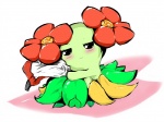 blush female flower flower_(anatomy) half-closed_eyes head_flower looking_at_viewer narrowed_eyes plant pseudo_bottomwear pseudo_clothing pseudo_skirt simple_background smile solo standing white_background 0024yuuki nintendo pokemon bellossom elemental_creature flora_fauna generation_2_pokemon humanoid pokemon_(species)