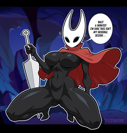 anthro big_breasts black_body black_eyes breasts butt butt_from_the_front cloak clothing dialogue featureless_breasts featureless_crotch female glistening glistening_body glistening_breasts kneeling melee_weapon red_cloak red_clothing solo text weapon pixiqueenie hollow_knight_(franchise) team_cherry hornet_(hollow_knight) arthropod insect 2025 english_text