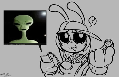 anthro earbuds electronics female headphones listening_to_music looking_at_viewer music_player offering_to_viewer open_mouth question_mark smile solo speech_bubble felino dj_ampie_(felino) alien 2025 black_and_white hi_res meme monochrome sketch