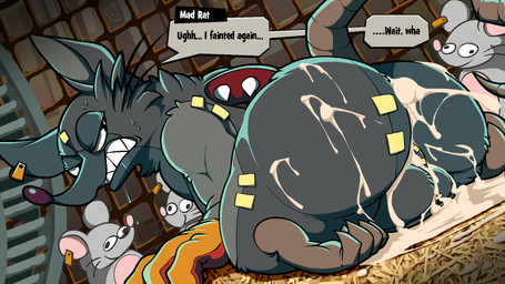 after_anal after_sex anthro anus backsack balls bodily_fluids butt clothing cum fur genital_fluids genitals gloves grey_body grey_fur group handwear kneeling male male/male tail text arty_the_frog mad_rat_dead nippon_ichi_software mad_rat_(mad_rat_dead) mob_rat_(mad_rat_dead) mammal murid murine rat rodent 16:9 english_text hi_res widescreen