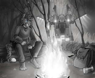 4_toes anthro backpack barefoot blue_eyes campfire camping clothed clothing countershading digitigrade escape_pod feet fire forest gun hindpaw landing_craft log male paws plant ranged_weapon sitting_on_log solo spacecraft spots technology toes tree vehicle weapon wilderness wood tatujapa mang cheetah felid feline mammal black_and_white monochrome