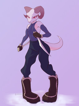 anthro clothed clothing dagger dual_wielding female fully_clothed holding_dagger holding_melee_weapon holding_object holding_weapon horn looking_at_viewer melee_weapon purple_background simple_background solo standing text weapon jarnqk lya_(jarnqk) kobold scalie 2021 absurd_res artist_name full-length_portrait hi_res portrait