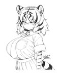 big_breasts bottomwear breasts clothed clothing female fur furgonomics gloves hair handwear huge_breasts inner_ear_fluff markings necktie pattern_clothing pattern_gloves pattern_handwear shirt short_hair skirt solo striped_clothing striped_gloves striped_hair striped_handwear striped_markings striped_tail stripes tail tail_markings tail_through_skirt topwear tuft yoshida_hideyuki kemono_friends bengal_tiger_(kemono_friends) animal_humanoid felid felid_humanoid humanoid mammal mammal_humanoid pantherine pantherine_humanoid tiger_humanoid 2020 4:5 greyscale monochrome signature watermark