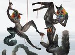 anthro arms_above_head arms_tied black_body black_fur bound breasts butt female fur genitals grey_body grey_fur hair legs_tied multicolored_hair nipples nude nude_anthro nude_female presenting rainbow_hair rear_view rope simple_background slim slim_anthro slim_female small_waist solo vulva white_background ls0tapok canid canine mammal hi_res