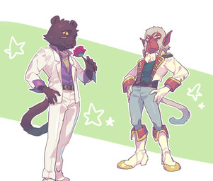 anthro belt black_body black_fur boots bottomwear clothed clothing coat duo flower footwear fully_clothed fur gloves grey_body grey_fur hands_on_hips handwear holding_object male melanistic one_eye_closed pants plant pose red_body red_skin rose_(flower) shoes standing suit topwear sirareyubi nintendo star_fox andrew_oikonny panther_caroso felid haplorhine japanese_macaque macaque mammal monkey old_world_monkey pantherine primate 2017