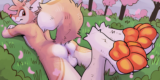 4_toes anthro anus backsack balls butt cherry_blossom feet flower foot_focus fur genitals grass looking_at_viewer looking_back lying male male_anthro nature nature_background nude on_front orange_eyes orange_pawpads outside pawpads paws pink_anus plant presenting presenting_anus prunus_(flower) raised_tail solo tail toes tree white_body white_genitals conditional_dnp cuteconfy canid canine mammal hi_res