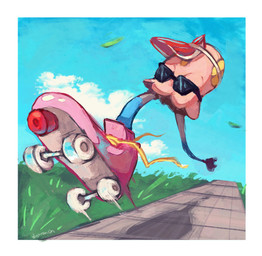 ambiguous_gender cloud eyewear fungus grass leaf low-angle_view pink_body plant roller_skates sky solo sunglasses dietranch nintendo pokemon elemental_creature fungi_fauna generation_9_pokemon pokemon_(species) toedscool 2025 hi_res signature
