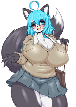 5_fingers ahoge anthro big_breasts big_tail black_nose blue_eyes blue_hair blush bottomwear breasts brown_clothing brown_sweater brown_topwear chest_tuft cleavage clothed clothing cute_fangs dipstick_tail eyebrows fangs female fingers fur grey_body grey_fur hair huge_breasts inner_ear_fluff kemono long_hair long_tail markings multicolored_body multicolored_fur one_eye_closed open_mouth open_smile pockets purse simple_background skirt smile solo sweater tail tail_markings teeth thick_thighs topwear tuft two_tone_body two_tone_fur white_body white_eyebrows white_fur wink tailzkim hanul canid canine canis domestic_dog husky mammal nordic_sled_dog spitz 2026 hi_res