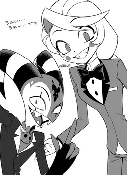 clothed clothing duo female horn male simple_background text white_background enaic31 hazbin_hotel hellaverse helluva_boss blitzo_(helluva_boss) charlie_morningstar demon demon_humanoid humanoid imp absurd_res greyscale hi_res japanese_text monochrome portrait three-quarter_portrait translation_request