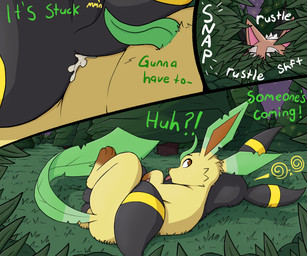 after_sex anal bodily_fluids butt caught_in_the_act close-up cum cum_inside dialogue duo feral forest from_behind_position genital_fluids knotting male male/male plant sex spoon_position spooning tree laserkitten nintendo pokemon eeveelution generation_2_pokemon generation_4_pokemon generation_7_pokemon leafeon lycanroc pokemon_(species) umbreon absurd_res comic hi_res