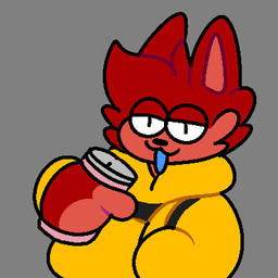 anthro beverage_can clothing fur hoodie looking_at_viewer male red_body red_fur solo toony topwear yellow_clothing yellow_hoodie yellow_topwear crazyassfox22 jaiden_(crazyassfox22) canid canine fox mammal 1:1 aliasing digital_media_(artwork) low_res