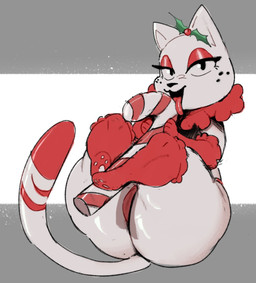 big_butt black_nose butt candy candy_cane dessert dipstick_tail eyelashes female feral food freckled_face freckles holly_(plant) licking_candy_cane markings open_mouth open_smile plant red_eyelids red_tail_tip red_tongue smile solo tail tail_markings tongue tongue_out white_body estebon89 junipurr domestic_cat felid feline felis mammal hi_res