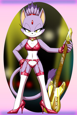amber_eyes anthro bell biped bra clothed clothing collar electric_guitar eyelashes female fingerless_gloves footwear forehead_gem front_view fur garter_belt garter_straps gem gloves guitar handwear high_heels holding_musical_instrument holding_object legwear lingerie looking_at_viewer musical_instrument panties plucked_string_instrument pumps purple_body purple_fur shoes skimpy smile smirk solo spiked_collar spikes stockings string_instrument tattoo underwear yellow_eyes crovirus sega sonic_the_hedgehog_(series) blaze_the_cat domestic_cat felid feline felis mammal 2:3 hi_res