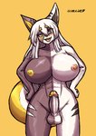 abs anthro balls big_breasts blush breasts brown_body erection fused fusion genitals gynomorph hair intersex long_hair nipples nude open_mouth penis pink_nipples smile solo tail white_body white_hair yellow_nipples komenuka_inaho hiruko_(komenuka_inaho) canid mammal hi_res