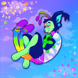 2_tails 3_eyes 3_toes accessory antennae_(anatomy) anthro barefoot beaded_jewelry beaded_tailband beads bent_legs blue_body blue_clothing blue_ear_piercing blue_eyebrows blue_fur blue_nose blue_shirt blue_sky blue_t-shirt blue_tailband blue_topwear bottomwear brown_sclera cheek_tuft closed_smile clothed clothed_anthro clothed_male clothing cloud collar collar_tag crescent_(shape) dipstick_tail ear_piercing eyebrows eyewear facial_piercing facial_tuft feet freckled_face freckles fully_clothed fully_clothed_anthro fully_clothed_male fur furgonomics glasses green_body green_fur green_tailband half-closed_eyes holding_object holding_plushie jewelry kandi_(jewelry) light male male_anthro markings mouth_closed multi_eye multi_tail multicolored_antennae multicolored_body multicolored_clothing multicolored_fur multicolored_shirt multicolored_t-shirt multicolored_tail multicolored_topwear narrowed_eyes nose_piercing nose_ring orange_eyes photo_background piercing pink_tailband plushie purple_bottomwear purple_clothing purple_collar purple_shorts purple_tail_tip rainbow_antennae rainbow_tail ring_piercing round_glasses shirt shorts side_view sky smile solo star_(shape) t-shirt tail tail_accessory tail_markings tailband text toes topwear tuft two_tone_body two_tone_fur yellow_tailband cyberdaydream pluto_(chotpot) alien domestic_cat felid feline felis lykoi mammal 1:1 2022 artist_name colored digital_drawing_(artwork) digital_media_(artwork) english_description full-length_portrait lighting photography_(artwork) portrait