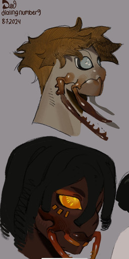 ambiguous_gender anthro black_hair brown_body brown_hair brown_skin dreadlocks duo eyebrows hair mandibles multi_jaw short_hair dialingnumber9 arthropod humanoid digital_media_(artwork) hi_res