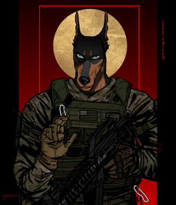 anthro black_and_tan blue_eyes bulletproof_vest clothing female gloves halo handwear holding_object holding_weapon intense_stare kit_grishaw lobotomizeriv military military_uniform muscular red_background religious_symbol shaded_face simple_background soldier solo standing tomboy uniform warrior weapon krampuzzz krampuzzzda canid canine canis dobermann domestic_dog mammal pinscher half-length_portrait hi_res portrait