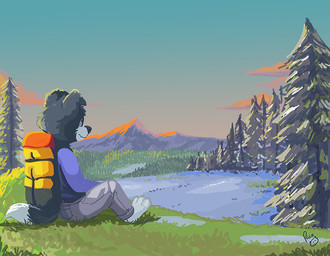 anthro backpack barefoot blue_clothing blue_topwear bottomwear clothed clothing feet floppy_ears fur grass grey_body grey_bottomwear grey_clothing grey_fur grey_pants lake logo male male_anthro mountain mouth_closed pants plant sitting solo topwear tree white_body white_fur young young_anthro young_male pandapaco roni_(imroni) border_collie canid canine canis collie domestic_dog herding_dog mammal pastoral_dog sheepdog adobe_photoshop_(artwork) artist_logo digital_media_(artwork) digital_painting_(artwork) painting_(artwork) signature