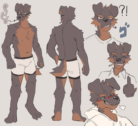anthro athletic athletic_anthro athletic_male biped black_body black_fur blush blush_lines boxers_(clothing) brown_body brown_fur cigarette clothing eyewear floppy_ears fur glasses male smoking smoking_cigarette solo underwear wearing_glasses white_boxers white_clothing white_underwear hemuchang canid canine canis domestic_dog mammal 2021 absurd_res hi_res model_sheet