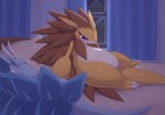 2019 alolan_form alolan_sandslash ambiguous_gender bed bedroom biped blue_eyes blue_quills blush brown_quills claws countershade_face countershade_torso countershading curtains detailed_background digit_ring digital_media_(artwork) duo eyes_closed eyewear featureless_crotch feral finger_claws finger_ring furniture generation_1_pokemon generation_7_pokemon glasses hi_res hibari inside jewelry kajinchu looking_at_another night nintendo nude on_bed pillow pokemon pokemon_(species) pupils quills_(anatomy) regional_form_(pokemon) ring ring_(jewelry) sabari sandslash shaded simple_shading sleeping solo_focus toe_claws white_body white_claws white_countershading white_pupils window yellow_body