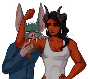 2_horns 5_fingers anthro biped blush blush_lines breasts claws clothed clothed_anthro clothed_female clothed_male clothing duo ear_piercing ear_ring fangs female fingers flexing for_a_head front_view fully_clothed fur horn humanoid_hands male nom piercing red_body red_skin ring_piercing shirt simple_background standing tank_top tear_trough teeth topwear white_background emptity dispatch malevola_gibb sonar_(dispatch) animal_head animal_humanoid bat demon humanoid mammal hi_res signature