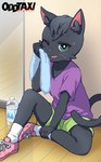 anthro athletic_wear black_body black_fur black_hair bodily_fluids bottle bottomwear clothed clothing container female floor footwear fur green_eyes hair holding_ankle holding_leg inner_ear_fluff inside kemono logo looking_at_viewer mirror one_eye_closed shirt shoes shorts sitting smile socks solo sweat topwear towel tuft water_bottle whiskers wiping_sweat wood wood_floor yamai odd_taxi sakura_wadagaki_(odd_taxi) domestic_cat felid feline felis mammal