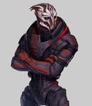 armor bodypaint brown_body crossed_arms face_paint glowing glowing_armor green_eyes grey_background looking_aside male simple_background small_waist solo standing teeth wide_hips leafjuly bioware electronic_arts mass_effect nihlus_kryik alien turian hi_res